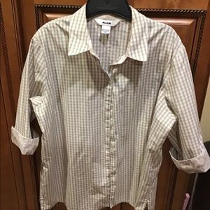 ALIA Taupe /White Gingham Plaid Check Shirt Top Women's Size 18w 3/4 Sleeve EUC